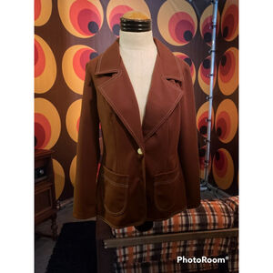 Vintage 1970s Brown White Stitch Polyester Large Lapel Collar Jacket